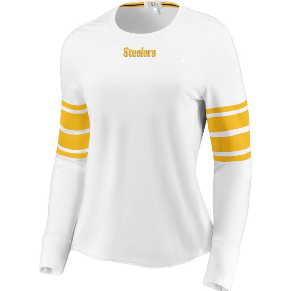 WEAR By Erin Andrews Women's White Pittsburgh Steelers Snap Cuff T-Shirt Size L